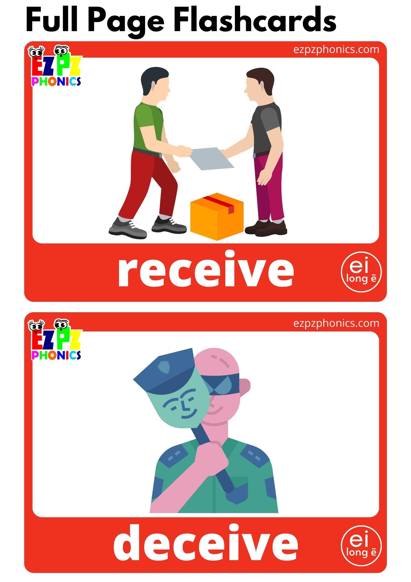 ei Words List Long E Vowel Sounds Flashcards with Images and Words Free Printable PDF Download or View Online for Teaching Phonics to Kindergarten and ESL Students